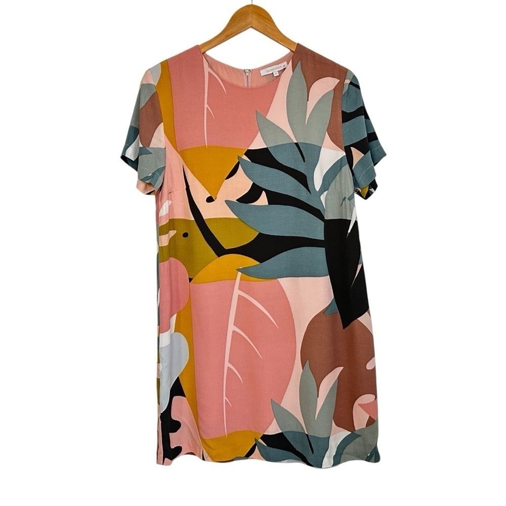 Olivaceous Womens Tropical Print Shift Mini Dress Sz Med Multicolor Short Sleeve